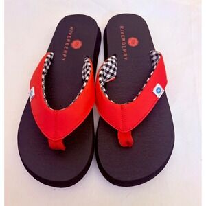 Riverberry Womens Flip Flops Red Gingham Lining Platform Thong Sandals Black